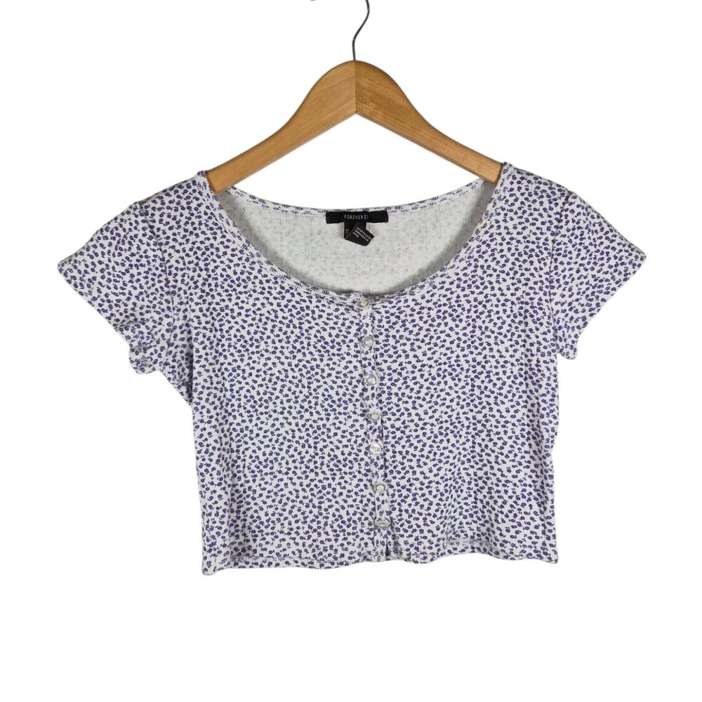 Forever 21 Womens Blue White Floral Henley Cropped Baby Tee Small Y2k Soft Girl